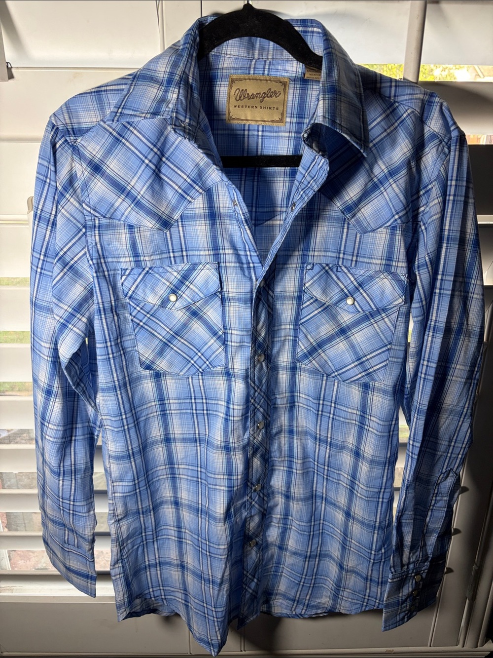 Wrangler Light Blue Plaid Pearl Snap Western Button-Down Shirt